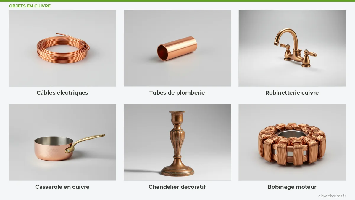 Objets en cuivre rachetés par City Débarras : câbles électriques, tubes de plomberie, robinetterie, casserole, chandelier, bobinage moteur