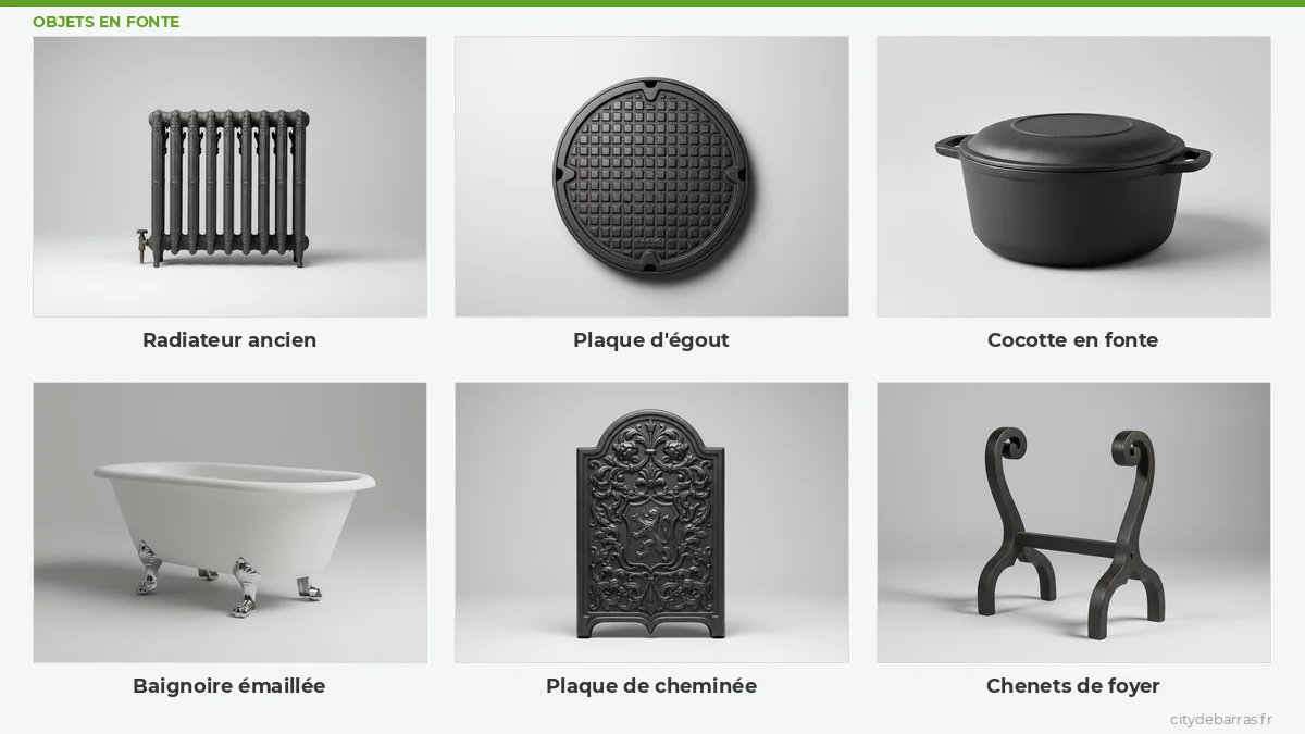 Objets en fonte rachetés par City Débarras : radiateur ancien, plaque d'égout, cocotte, baignoire émaillée, plaque de cheminée, chenets