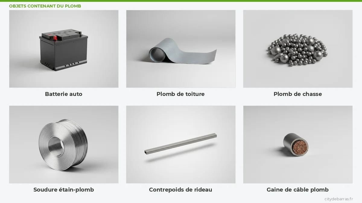 Objets en plomb rachetés par City Débarras : batterie auto, plomb de toiture, plomb de chasse, soudure étain-plomb, contrepoids, gaine de câble