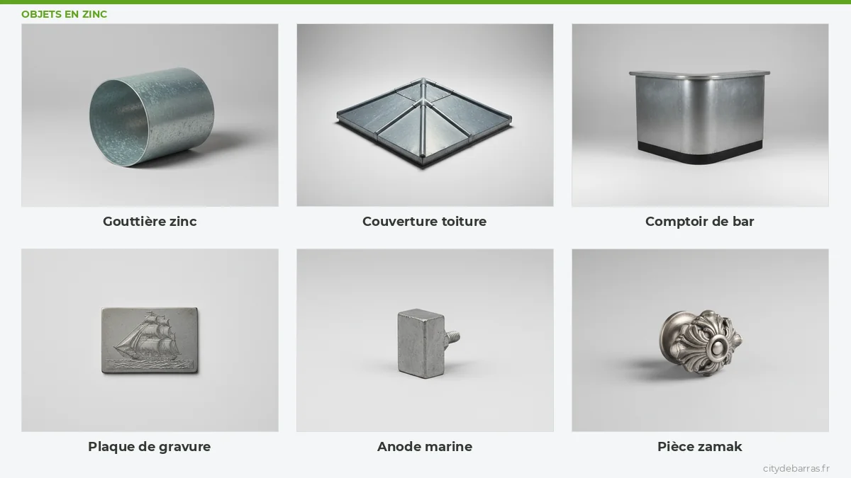 Objets en zinc rachetés par City Débarras : gouttière, couverture de toiture, comptoir de bar, plaque de gravure, anode marine, pièce zamak