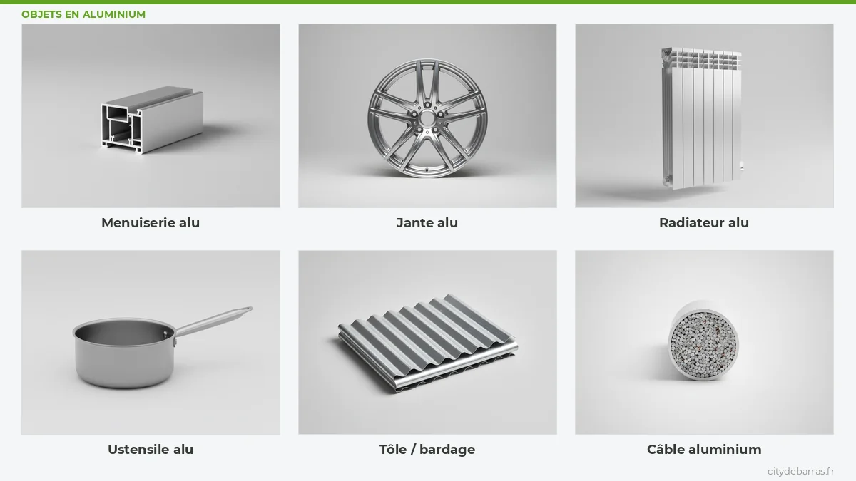 Objets en aluminium rachetés par City Débarras : menuiserie alu, jante, radiateur, ustensile, tôle, câble