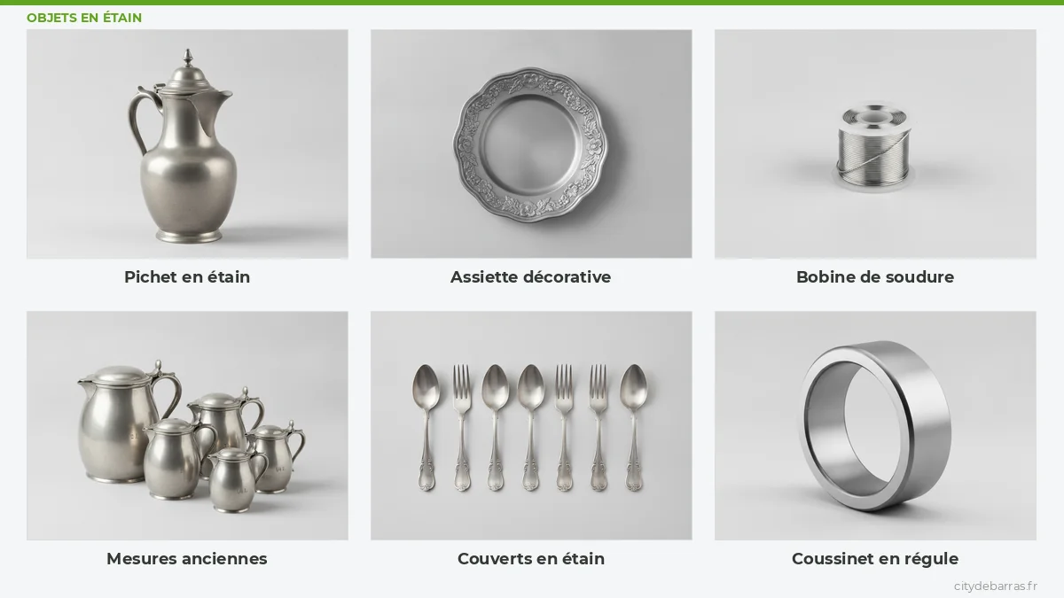 Objets en étain rachetés par City Débarras : pichet et chope en étain, assiette décorative, bobine de soudure étain, mesures anciennes, couverts, coussinet en régule