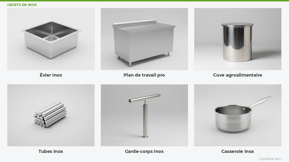 Objets en inox rachetés par City Débarras : évier, plan de travail professionnel, cuve, tubes, garde-corps, casserole