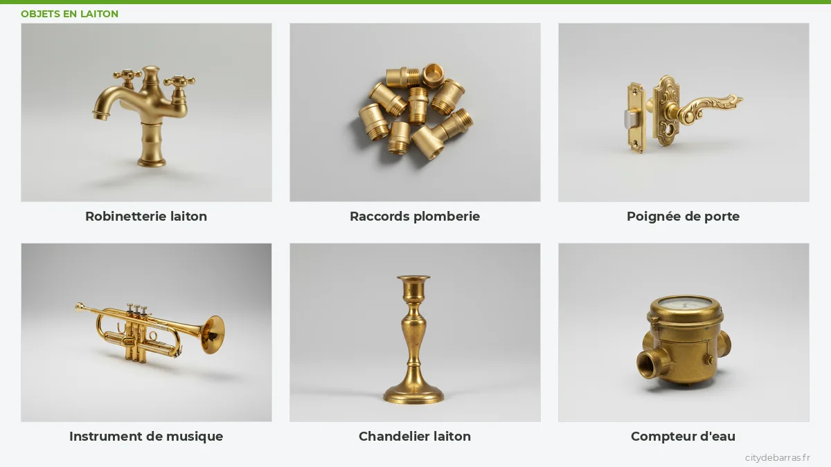 Objets en laiton rachetés par City Débarras : robinetterie, raccords de plomberie, poignée, instrument de musique, chandelier, compteur d'eau